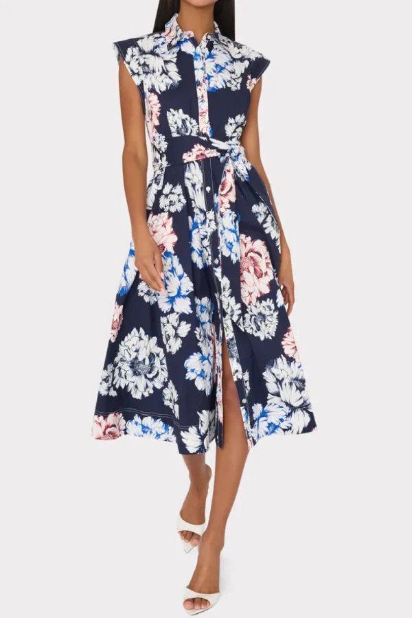 Online MILLY Jules Printed Poplin Midi Dress Navy Multi