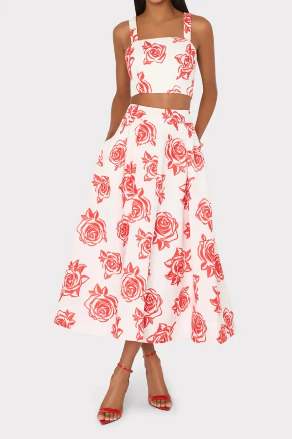 Best MILLY Juliet Rose Embroidery Midi Skirt Red/White