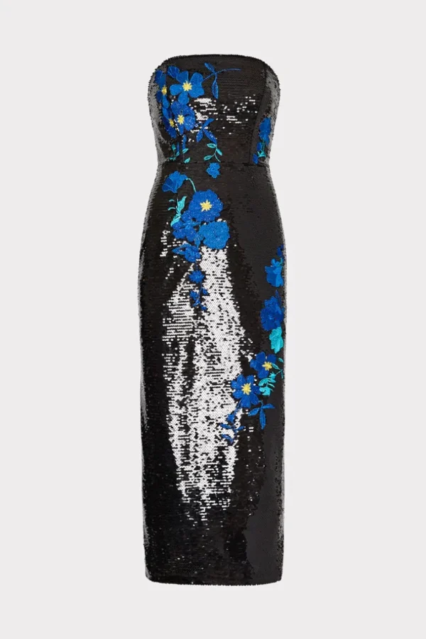 Best MILLY Kait Vines Of Floral Sequins Dress Black/Blue