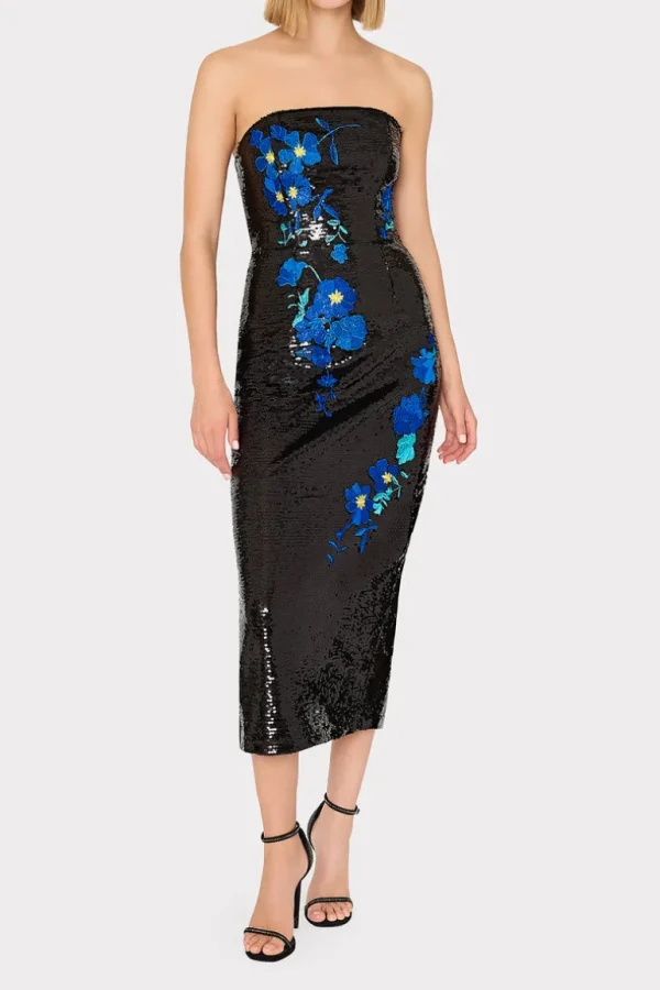 Best MILLY Kait Vines Of Floral Sequins Dress Black/Blue