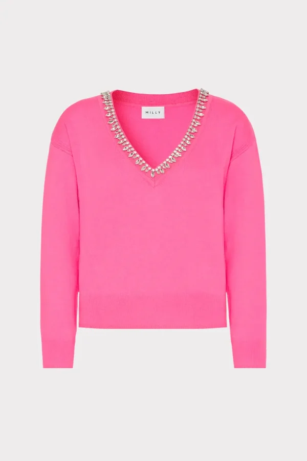 Flash Sale MILLY Kalia Crystal V-Neck Sweater Milly Pink