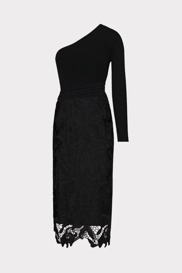 Clearance MILLY Kingsley One Shoulder Combo Knit Midi Dress Black