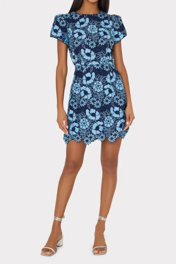 Online MILLY Kyla Two Tone Floral Lace Mini Dress Blue/Navy