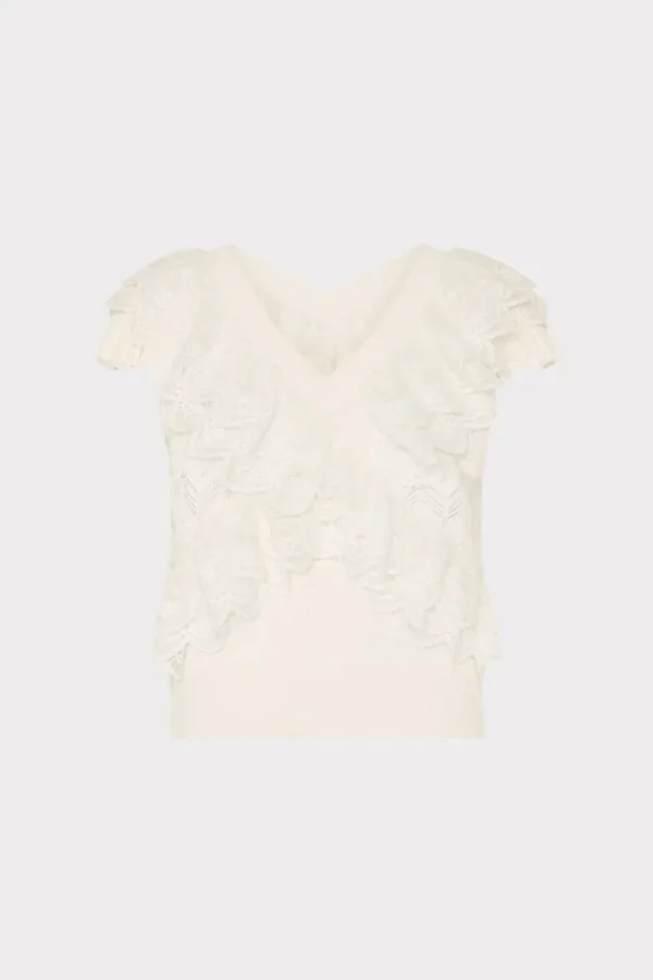 Fashion MILLY Lace Ruffle Knit V-Neck Top Ecru