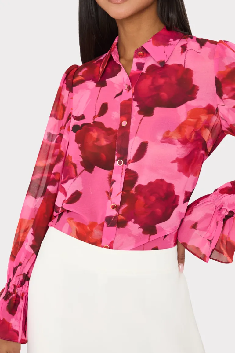 lacey_blurred_blossom_pri_2.webp Online MILLY Lacey Blurred Blossom Printed Blouse Pink Multi