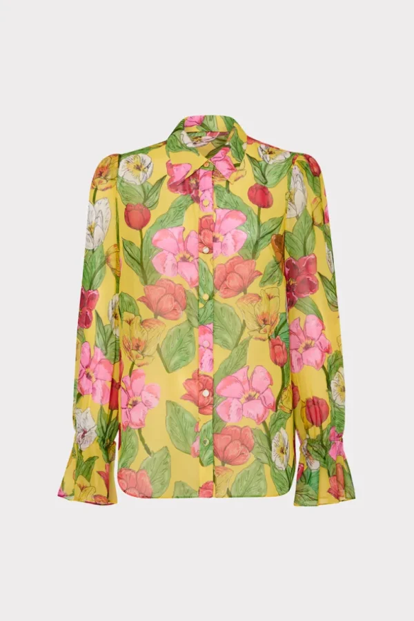 New MILLY Lacey Tulip Rosette Blouse Yellow Multi