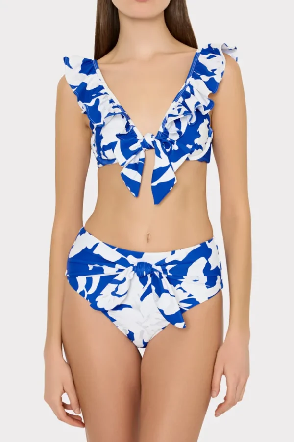 Discount MILLY Lily Silhouette Ruffle Bikini Top Blue/Ecru