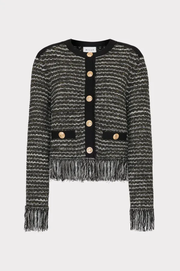 Store MILLY Metallic Textured Fringe Cardigan Black Gold Multi