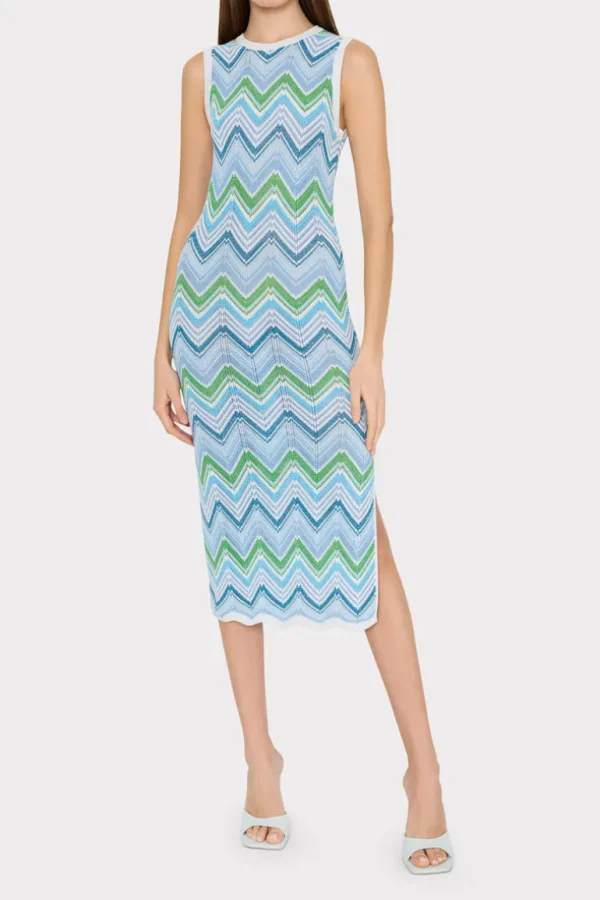 Cheap MILLY Multi Zig Zag Sleeveless Midi Dress Blue Multi