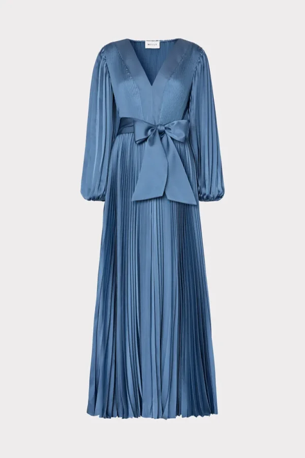 Clearance MILLY Nadie Pleated Satin Maxi Dress Stone