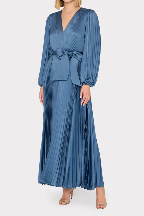 Clearance MILLY Nadie Pleated Satin Maxi Dress Stone