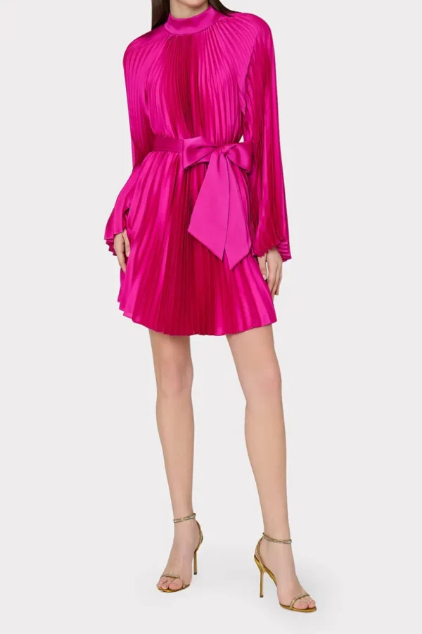 Best Sale MILLY Nandi Mock Neck Pleated Dress Pink