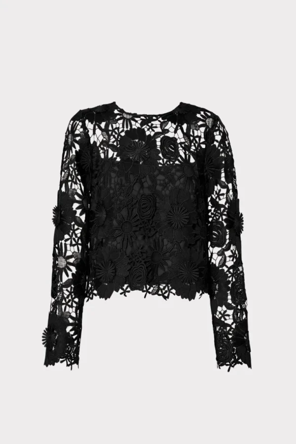 Discount MILLY Nori Long Sleeve Lace Top Black