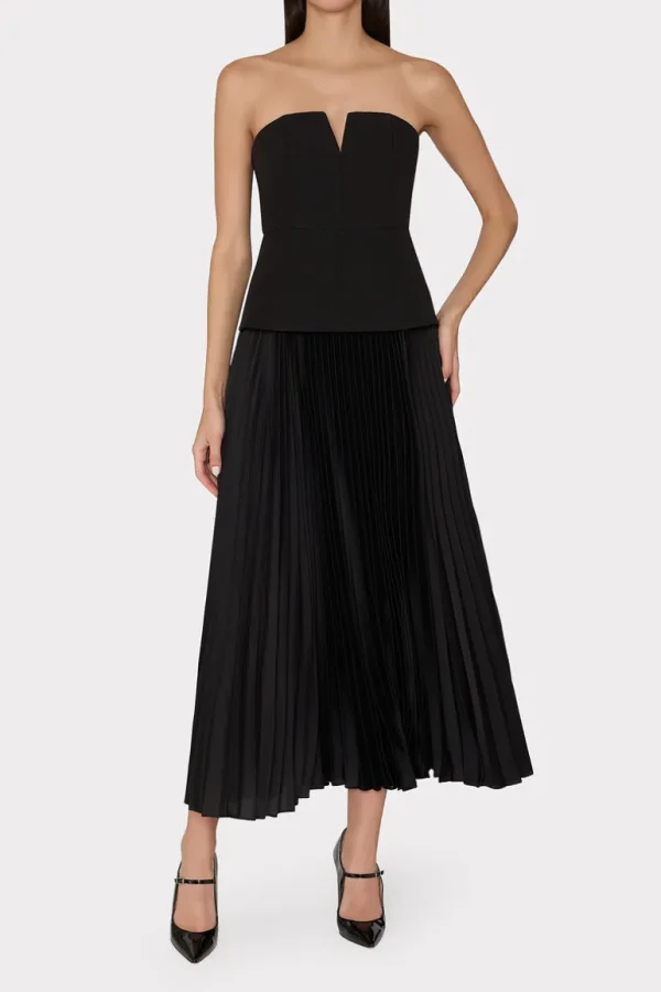 Discount MILLY Novalee Strapless Pleated Maxi Dress Black