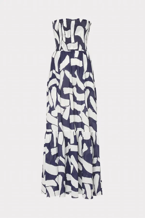 Best Sale MILLY Olen Graphic Brushstroke Strapless Maxi Dress Navy/Ecru