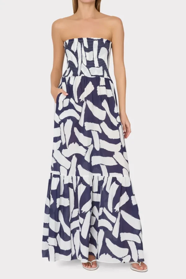 Best Sale MILLY Olen Graphic Brushstroke Strapless Maxi Dress Navy/Ecru