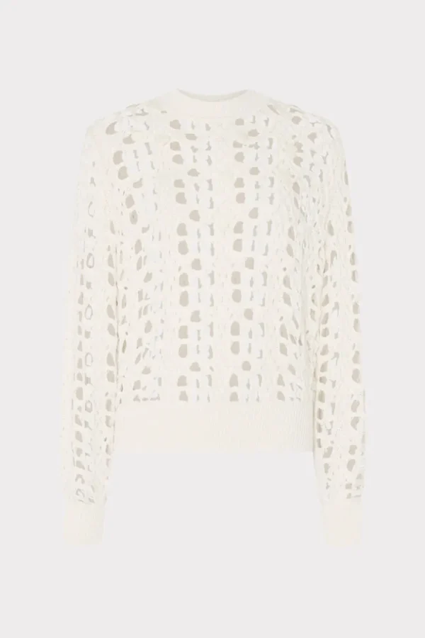 Sale MILLY Open Knit Sequin Crewneck Sweater Ecru