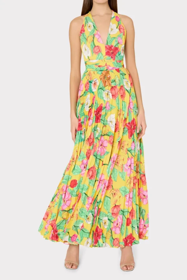 Online MILLY Oria Tulip Rosette Pleated Dress Yellow Multi