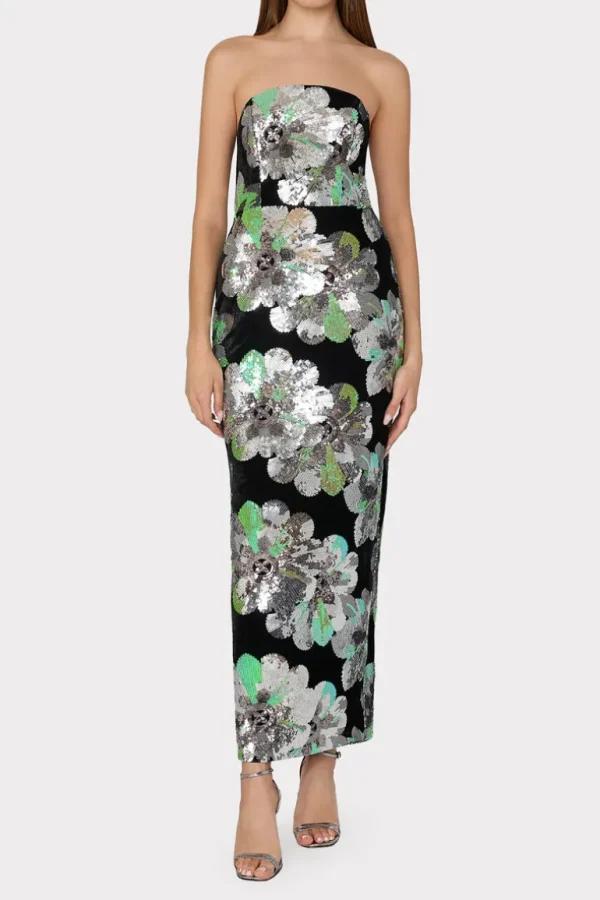 Cheap MILLY Orion Velvet Floral Sequins Dress Black Multi