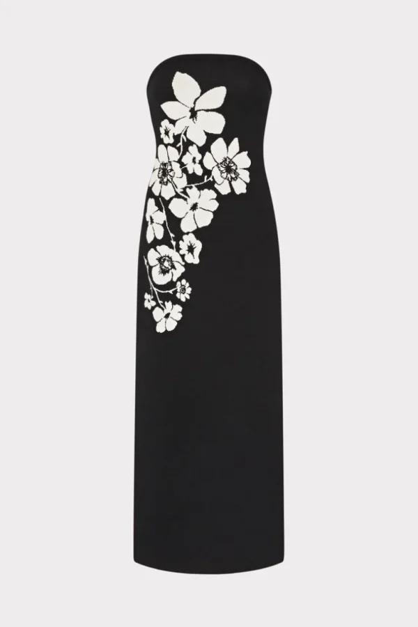 Cheap MILLY Placed Floral Strapless Knit Midi Dress Black/Ecru