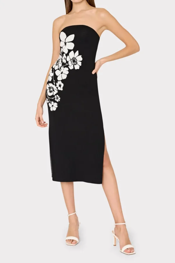 Cheap MILLY Placed Floral Strapless Knit Midi Dress Black/Ecru