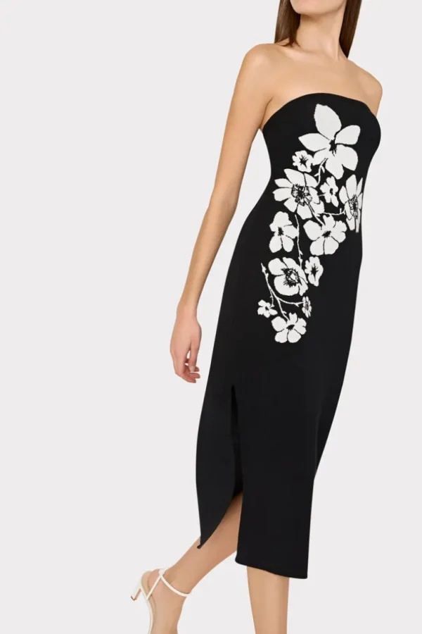 Cheap MILLY Placed Floral Strapless Knit Midi Dress Black/Ecru