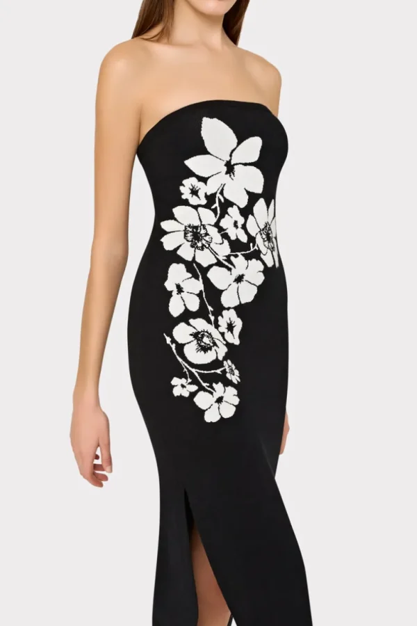 Cheap MILLY Placed Floral Strapless Knit Midi Dress Black/Ecru