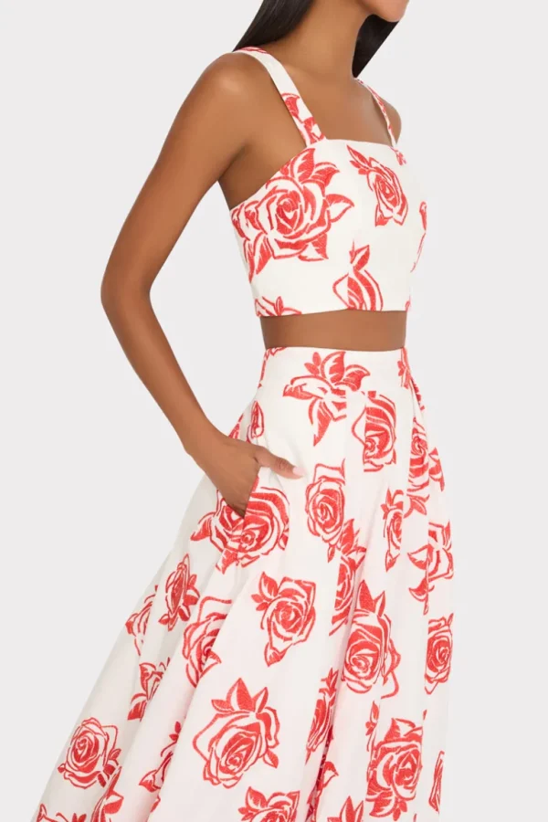 Cheap MILLY Rose Embroidery Crop Top Red/White