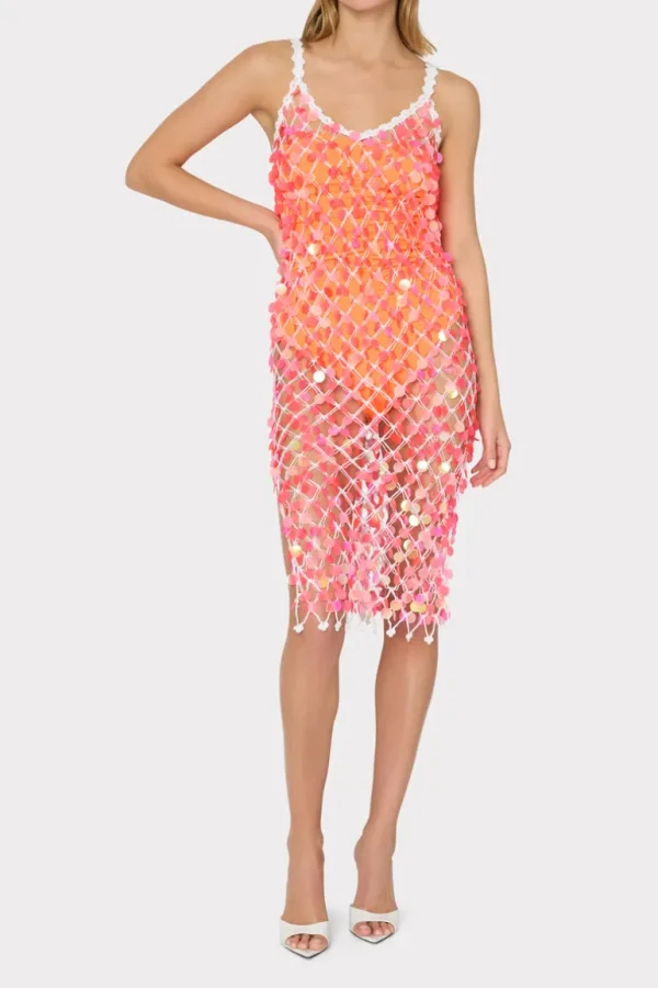 Best MILLY Sequin Crochet Midi Dress Pink/White