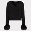 Outlet MILLY Sequin Feather Cuff V-Neck Sweater Black Multi