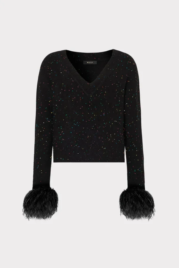 Outlet MILLY Sequin Feather Cuff V-Neck Sweater Black Multi