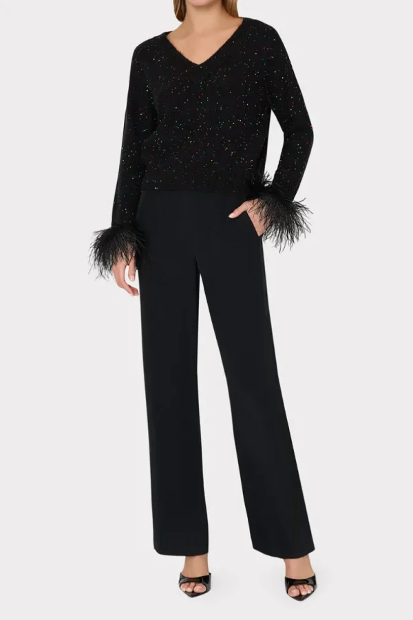 Outlet MILLY Sequin Feather Cuff V-Neck Sweater Black Multi