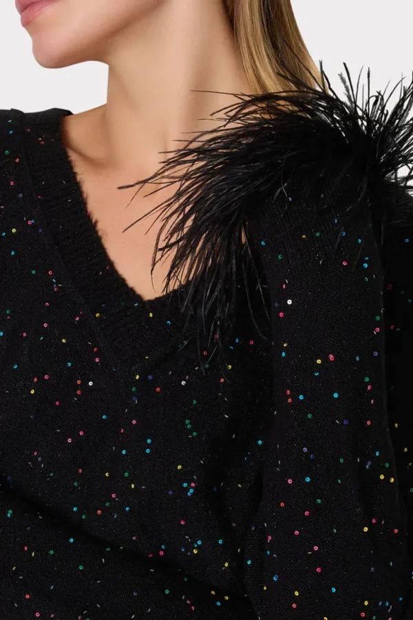 Outlet MILLY Sequin Feather Cuff V-Neck Sweater Black Multi