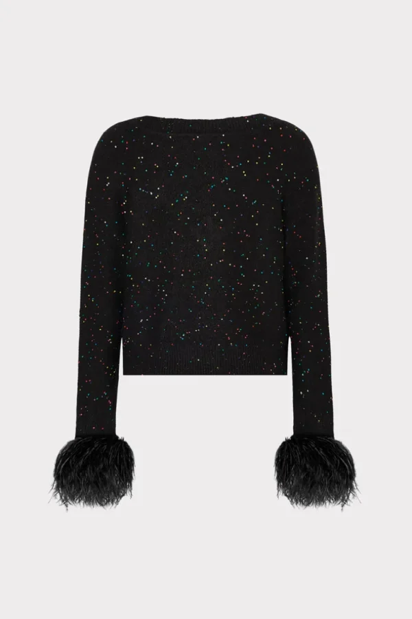 Outlet MILLY Sequin Feather Cuff V-Neck Sweater Black Multi