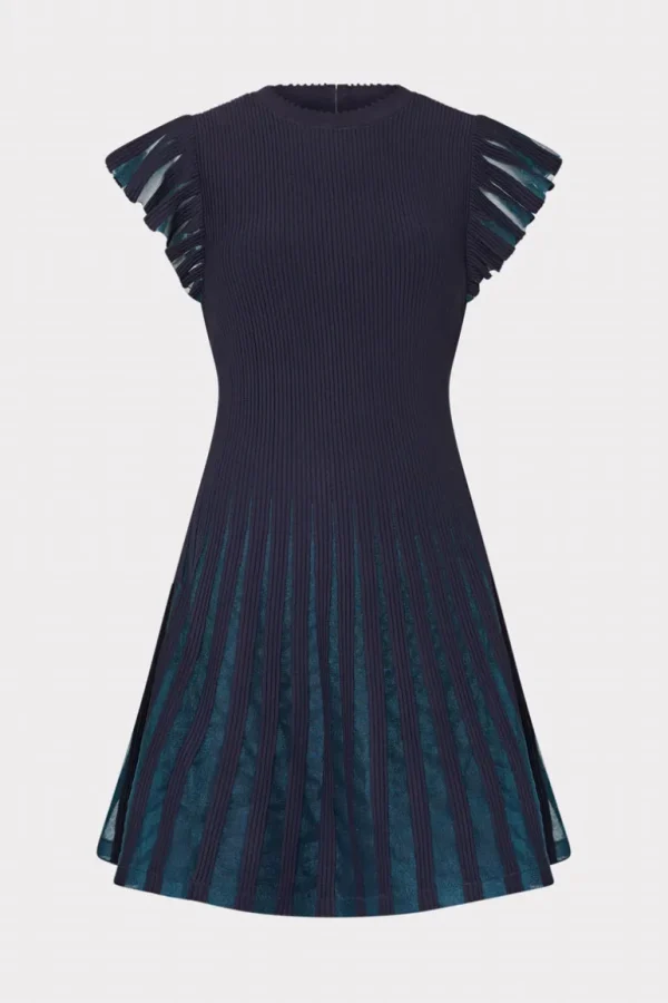 Clearance MILLY Sheer Flutter Sleeve Knit Mini Dress Navy