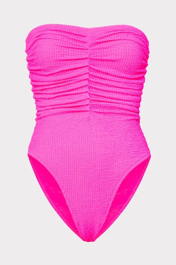 Fashion MILLY Textured Ruched One Piece Neon Pink