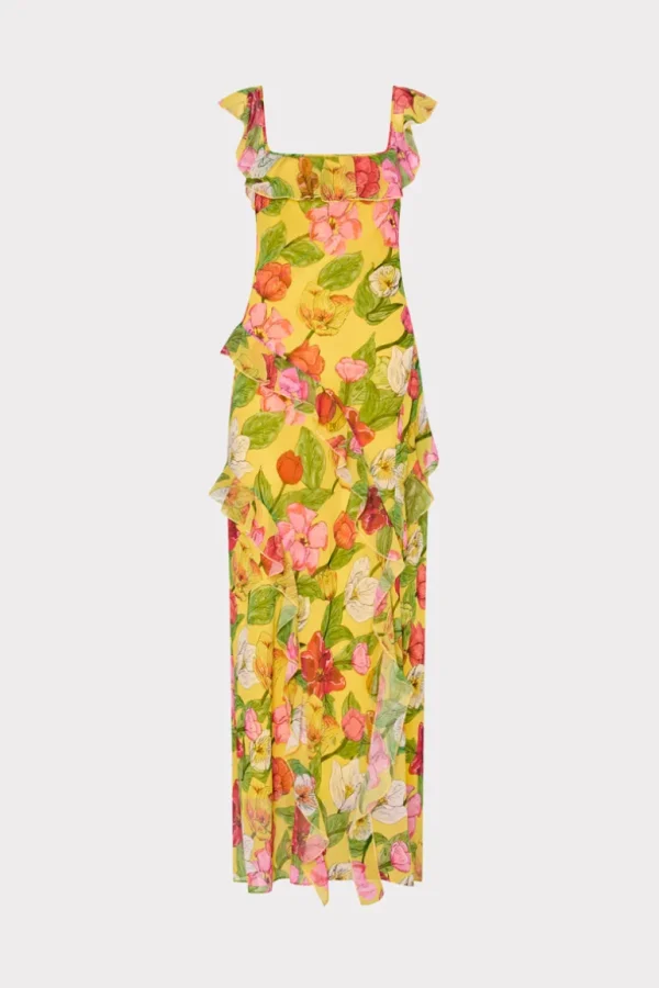 Hot MILLY Tulip Rosette Ruffle Maxi Dress Yellow Multi