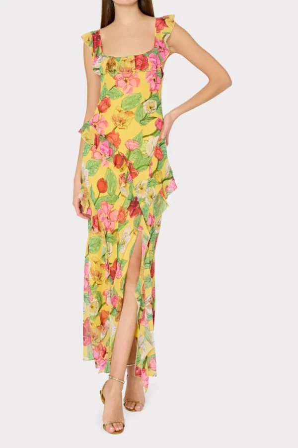 Hot MILLY Tulip Rosette Ruffle Maxi Dress Yellow Multi