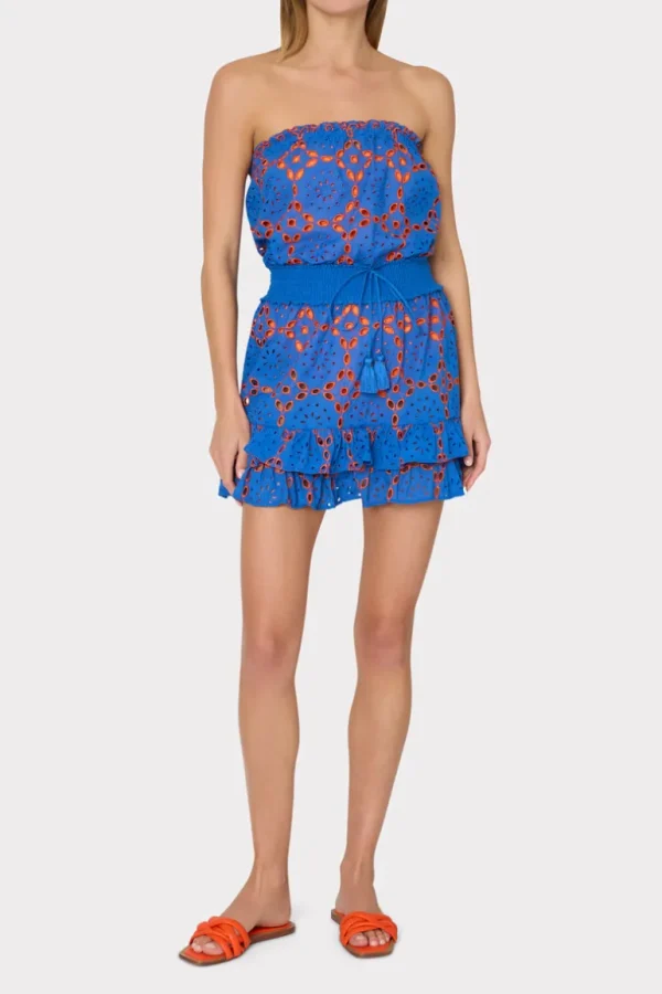 Hot MILLY Verity Two Tone Geo Eyelet Cover-Up Dress Cobalt/Coral