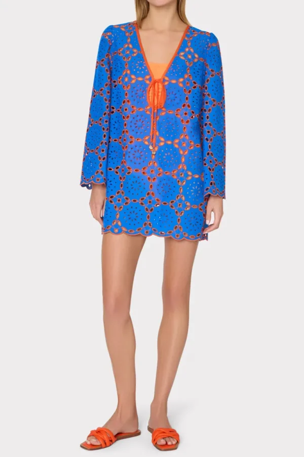 Store MILLY Viara Two Tone Geo Eyelet Cover-Up Dress Cobalt/Coral